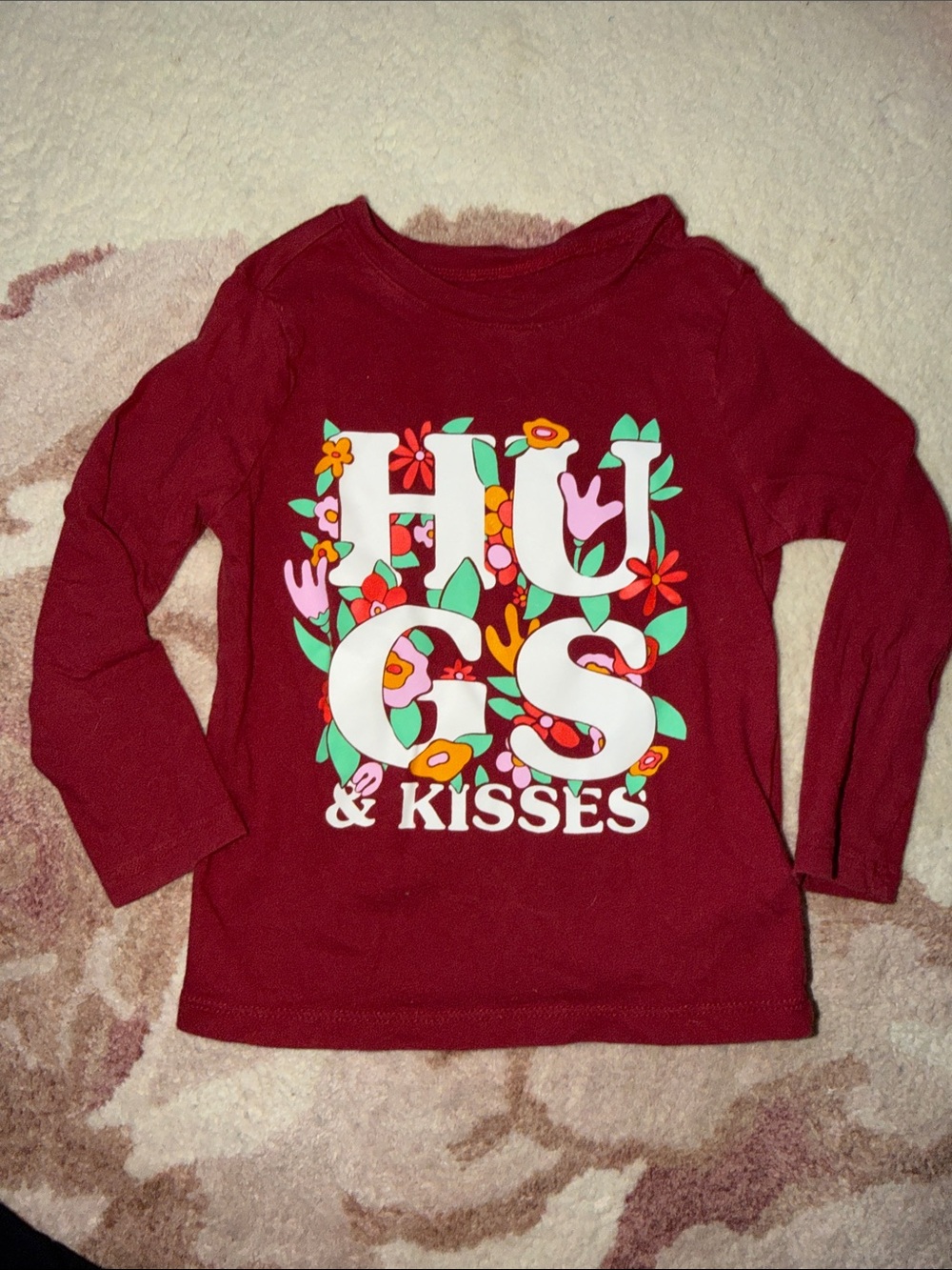 Old Navy Burgundy Long Sleeve Tee with Colorful Floral 'Hugs & Kisses' Graphic